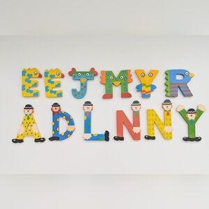 Bright Colorful Whimsical Fun Unisex Clown & Animal Wooden Alphabet Letters